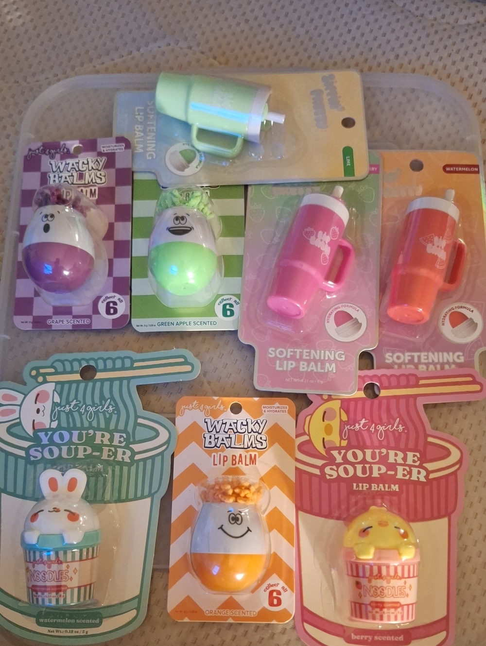 Wacky & Just 4 Girls Assorted Lip Balm Trio - Pink, Orange, Green, Yellow